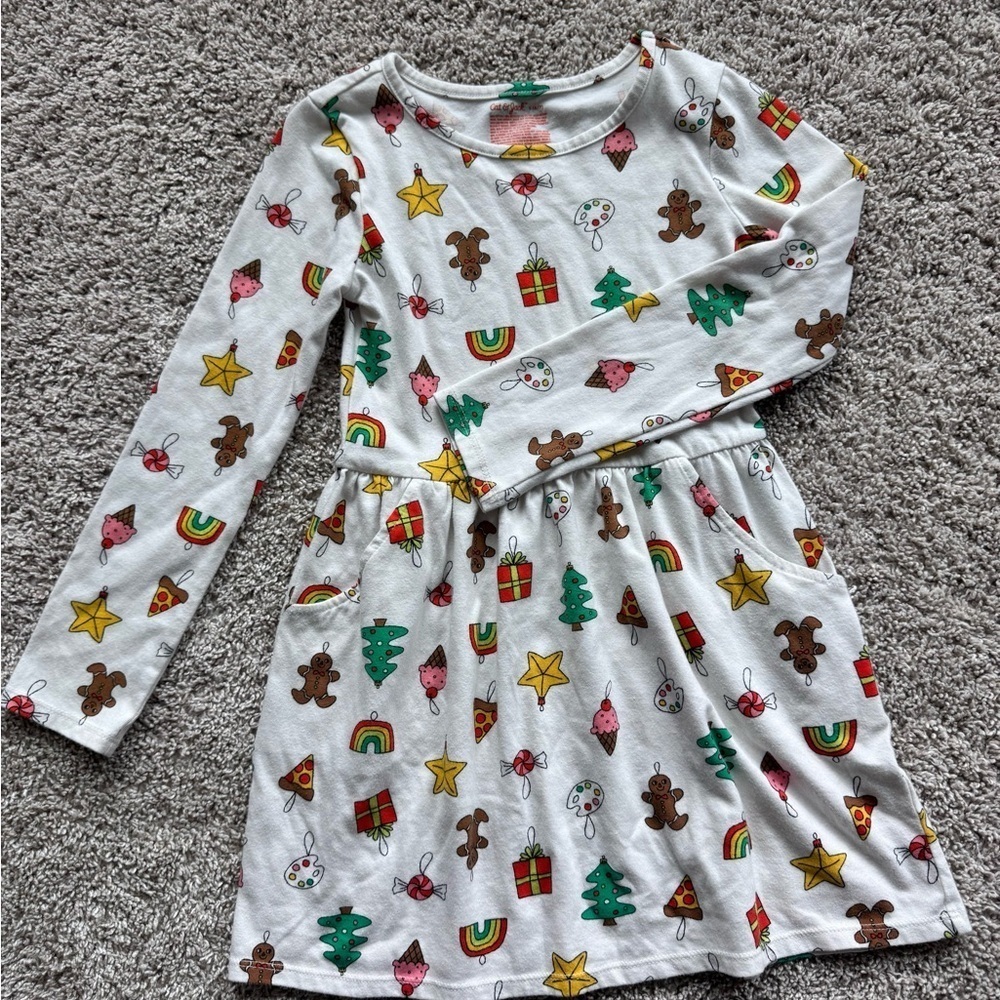 Cat & Jack Girls Holiday Print Long Sleeve Dress – Size Small (6/7) - Picture 3 of 8
